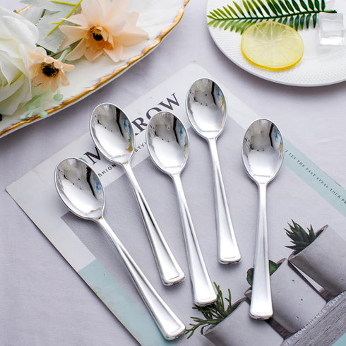 WDF 100 Pack Silver Plastic Spoons Disposable, 6.9 Inch Heavy Duty Spoons for Parties, Weddings