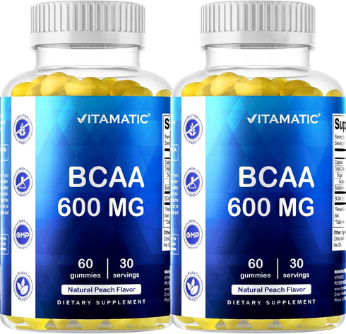 Vitamatic BCAA Gummies, 600mg per Serving, Peach Flavor, 60 Vegan Pectin Based Gummies (2 Bottles)
