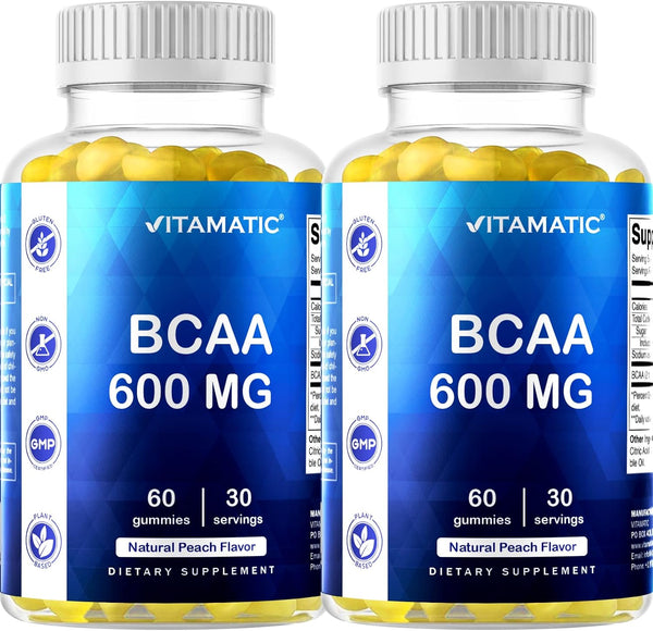Vitamatic BCAA Gummies, 600mg per Serving, Peach Flavor, 60 Vegan Pectin Based Gummies (2 Bottles)