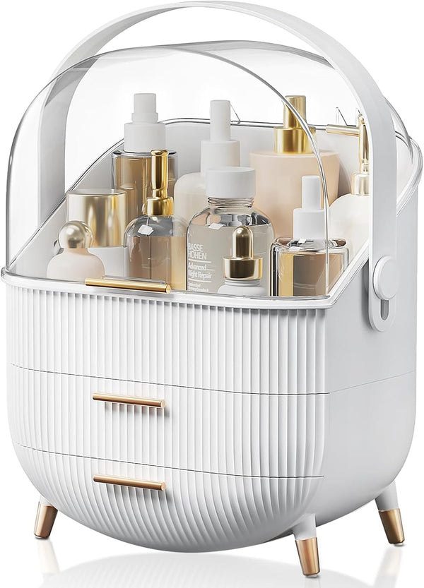 Makeup Storage Organizer with Lid, Waterproof Cosmetics Skincare Organizer for Vanity, Portable Makeup Box (White)