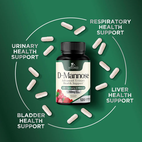D-Mannose Supplement 1,350 mg with Cranberry & Hibiscus, 120 Capsules for Bladder and Urinary Tract Health