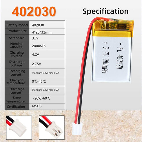 3.7V 180mAh 402030 Lipo Battery Pack with PH2.0mm JST Connector - Rechargeable Lithium Polymer Ion