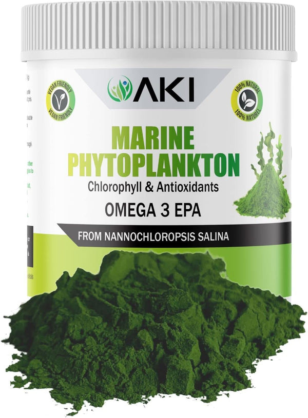 AKI Marine Phytoplankton Powder - Source of Raw Omega-3 EPA Micro Algae for Overall Wellness, Vegan & GMO Free (2 Oz /