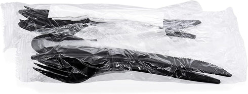 Party Favors Plus Set, 25 Packets Individually Wrapped Plastic Cutlery Black, with Fork, Spoon, Knife and Napkin