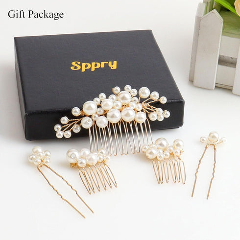 Set of 5 PCS Wedding Pearl Hair Combs - Elegant Accessories for Bridal Women (Gold)