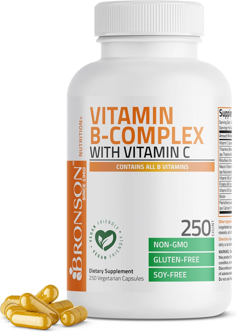 Bronson Vitamin B Complex with Vitamin C, Immune Health, Energy Support, 250 Vegetarian Capsules