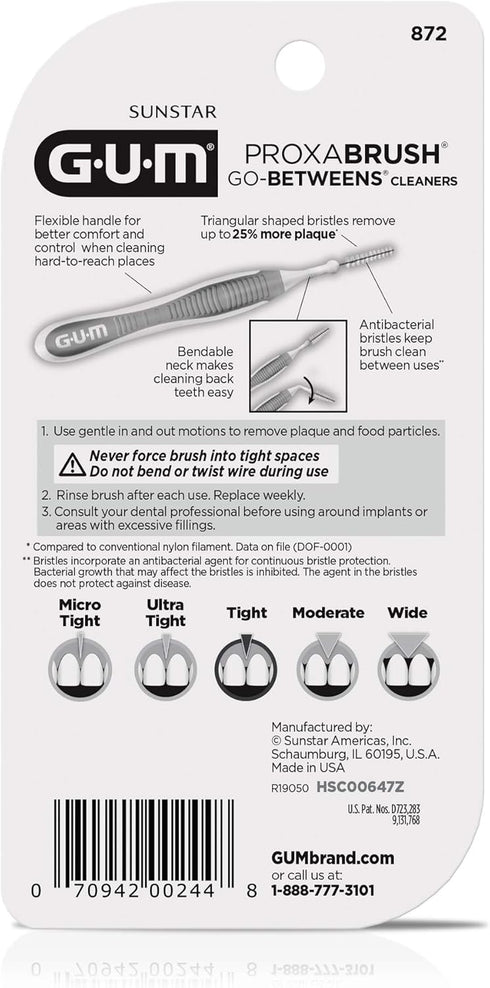 GUM Proxabrush Go-Betweens - Tight Interdental Brushes, Soft Bristled Dental Picks for Plaque Removal, 10ct (6pk)