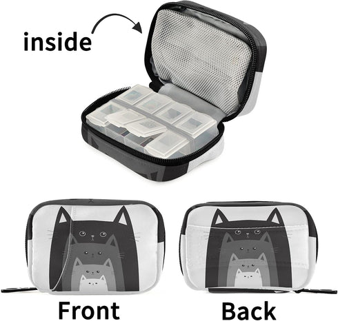 Naanle 7 Funny Cats in Row Pill Box Day Pill Case Travel Pill Organizer Bag with Zipper Portable Weekly Case Compact