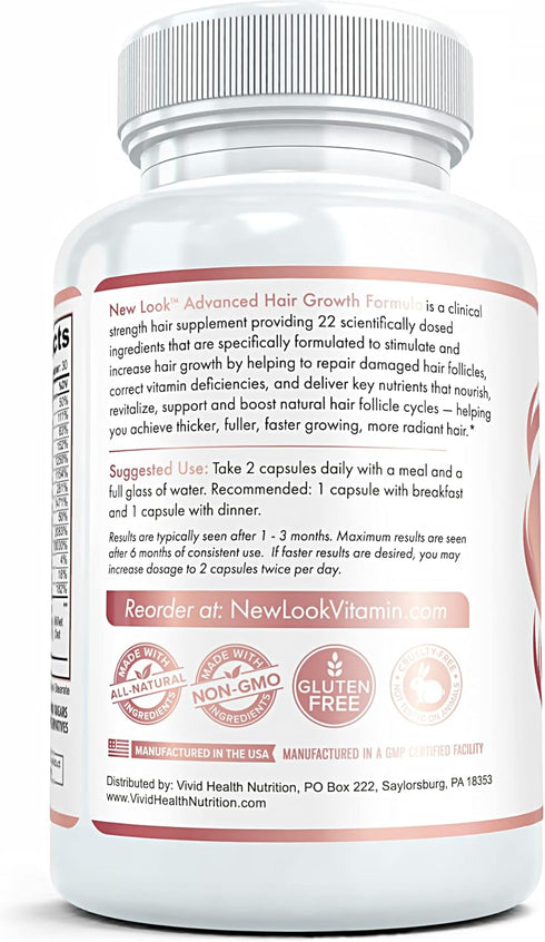 New Look Hair Growth Support Vitamins for Women and Men - Clinical Strength Supplement for Thicker, Fuller Hair, 60