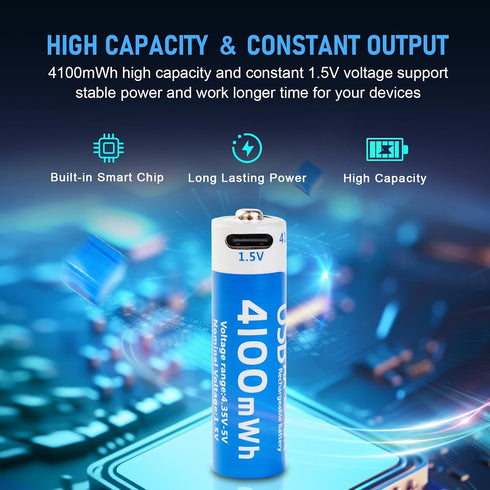 insziii 4100mWh 4 Pack, 1.5V 1200 Rechargeable Lithium AA Batteries USB Double A Lithium-ion Batteries AA Size, Long