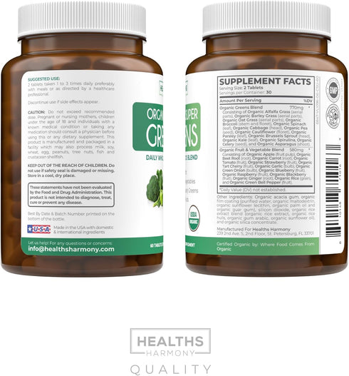 USDA Organic Greens Powder | 60 Tablets - Complete Superfood Supplement with 28 Fruits & Vegetables, Energy, Gut
