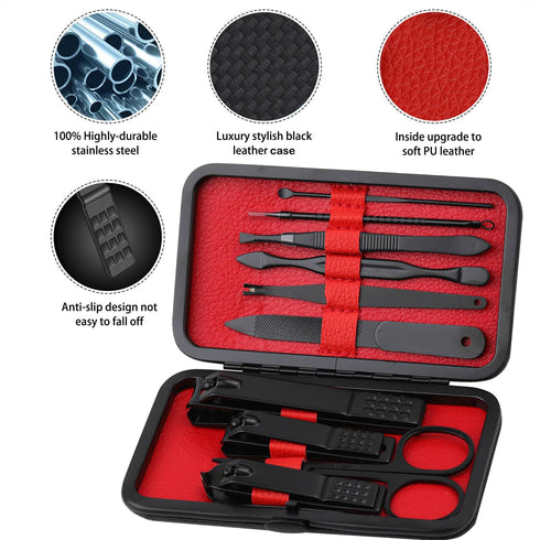 Manicure Set Nail Clippers Kit, Professional Stainless Steel Nail Care Tools with Leather Travel Case, 10 in 1
