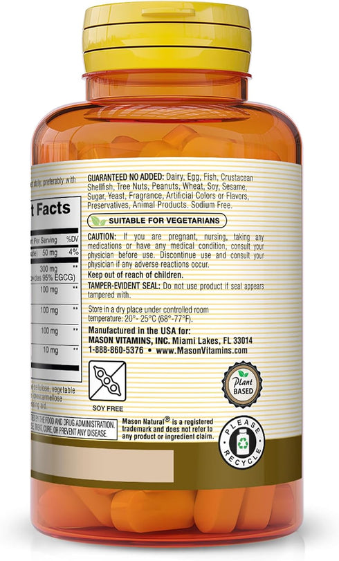 MASON NATURAL Mushroom Power with 95% EGCG & Matcha - Optimal Wellness, Stress Support, 60 Plant Based Tablets