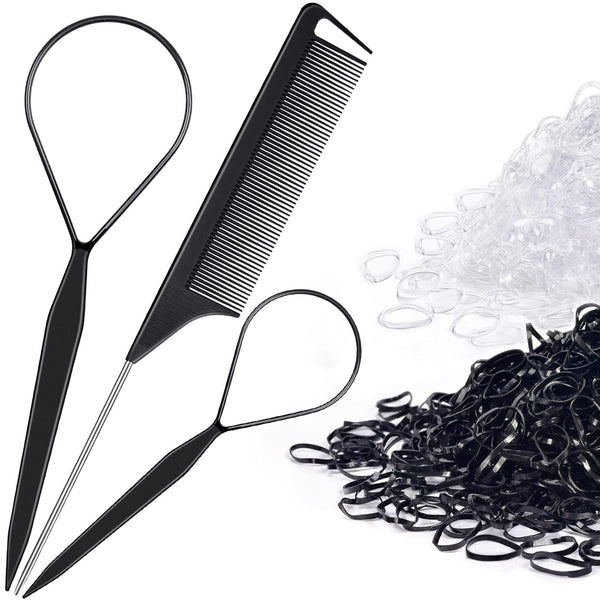Topsy Tail Hair Tool Set, 400pcs Hair Rubber Bands, 200pcs Clear & Black Elastics, 2 Hair Loop Tools, 1 Rat Tail Comb