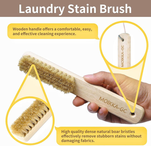 MOIKKA-GC Wood Laundry Stain Brush with Boar Bristle, Tough Stain Remover for Delicate Fabric, Cotton, Linens