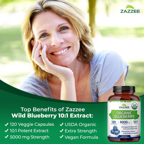 Zazzee USDA Organic Wild Blueberry 10:1 Extract - 5000 mg Strength, 120 Vegan Capsules