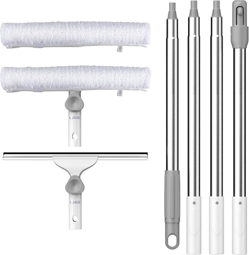 Window Cleaning Squeegee Kit, 14" Squeegee and Microfiber Scrubber with 54" Telescopic Pole for Glass and Shower