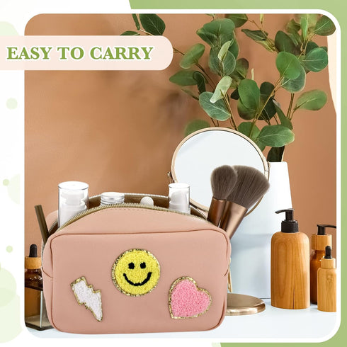Sanwuta 4 Pcs Chenille Bag Preppy Patch Makeup Bag, Waterproof Portable Pouch in Beige, Khaki, Pink, Nude Pink