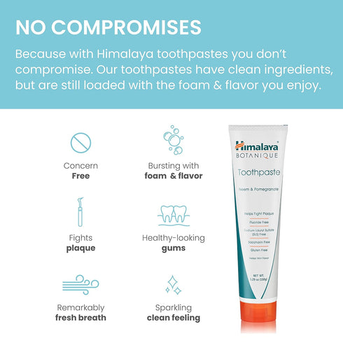 Himalaya Botanique Neem & Pomegranate Toothpaste, Mint Flavor, 5.29 oz - Fluoride Free, Vegan, Gluten Free