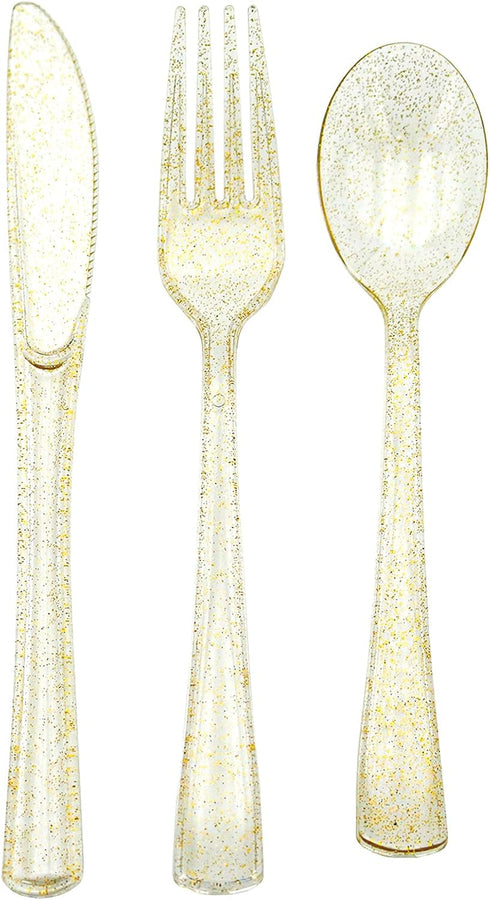 180PCS Gold Plastic Silverware Set, Disposable Glitter Gold Cutlery, 60 Gold Forks, 60 Gold Spoons, 60 Gold Knives,