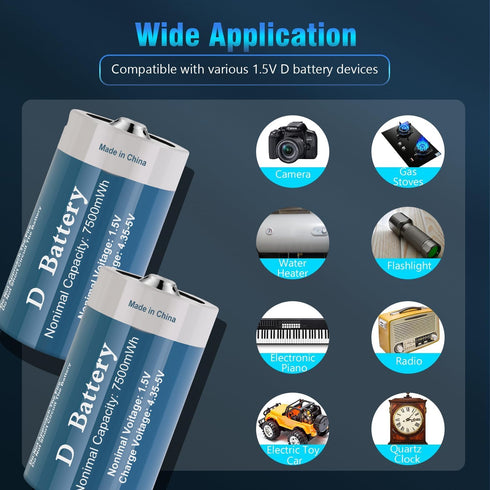 TOPUSSE 4 Pack, 1.5V 7500mWh Rechargeable D Batteries Long-Lasting Lithium D Size Battery with USB Charging Cable