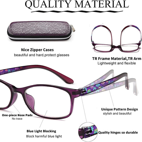 EYEURL Reading Glasses Women Blue Light Blocking, Set of 2 Pattern Design Computer Readers (Red+Purple, 2.75)