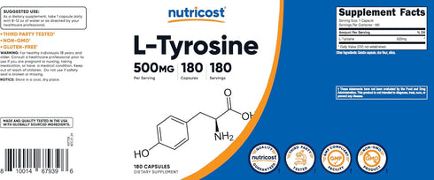 Nutricost L-Tyrosine 500mg, 180 Capsules, Gluten Free & Non-GMO