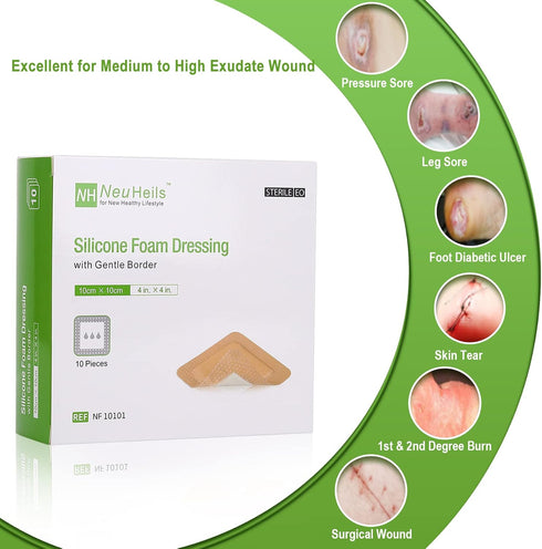 NeuHeils Silicone Adhesive Foam Dressing with Gentle Border 4''x4'' for Bed Sore Leg Ulcer, 10 Pack, High Absorbency