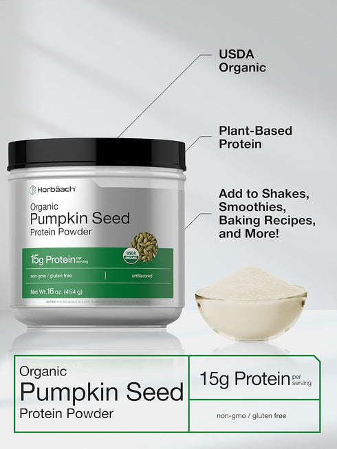 Horbaeach Pumpkin Seed Protein Powder - Organic 16 oz, Vegetarian, Gluten Free, Keto and Paleo Supplement