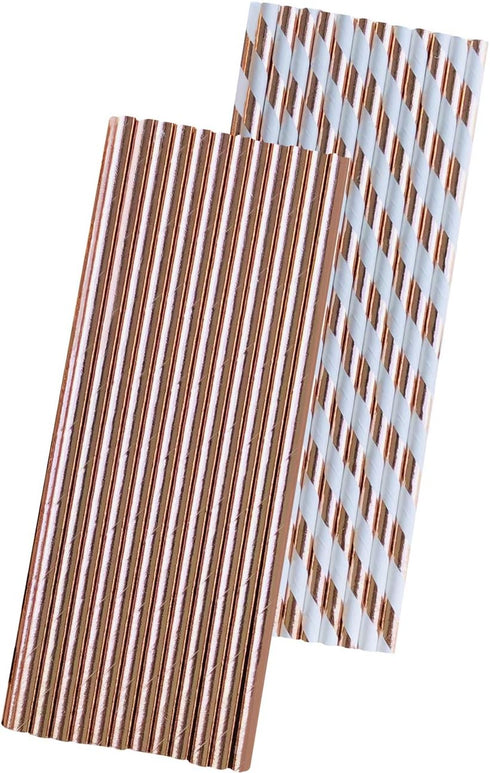 Rose Gold Solid and Stripe Foil Paper Straws, 7.75 Inches, 50 Pack by Outside the Box Papers