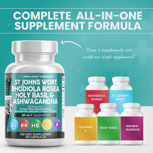 Clean Nutraceuticals St Johns Wort - 90 Caps - 10000mg Rhodiola Rosea, 20000mg Holy Basil, 3000mg Ashwagandha, Mood