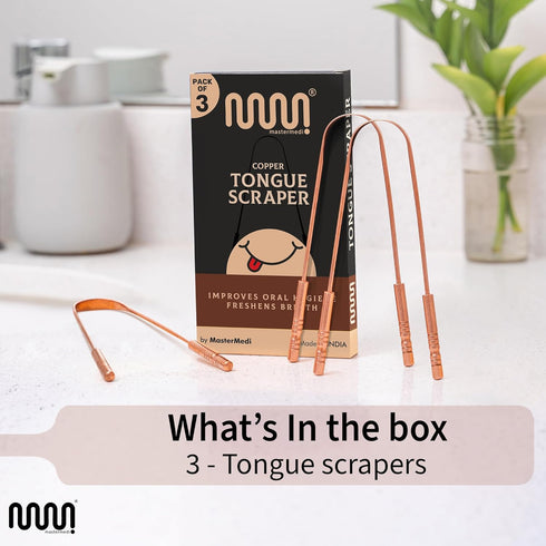 MasterMedi Pure Copper Tongue Scraper - Tongue Scrubber for Bad Breath, Easy to Use, Tongue Cleaner for Oral Care &