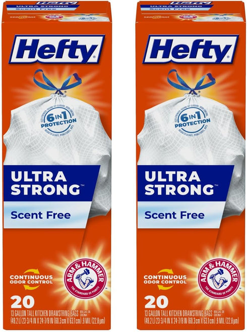 Hefty Ultra Strong Tall Kitchen Trash Bags, Unscented, 13 Gallon, 20 Count (Pack of 2)