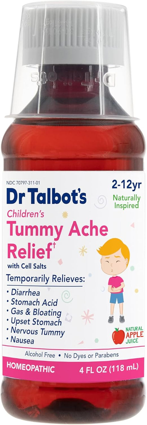 Dr. Talbot's Tummy Ache Relief Liquid Medicine, Naturally Inspired, for Children, includes Dosage Cup, Apple Juice Flavor, 4 Fl Oz. (Packaging May Vary)