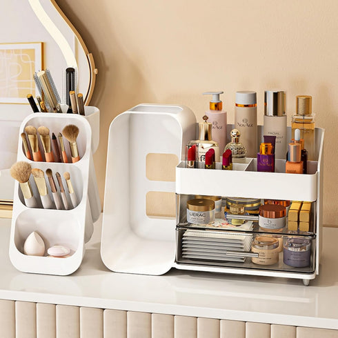 Large Capacity Makeup Organizer with Drawers for Vanity, Bathroom & Bedroom Desk, Easy Storage for Cosmetics, White