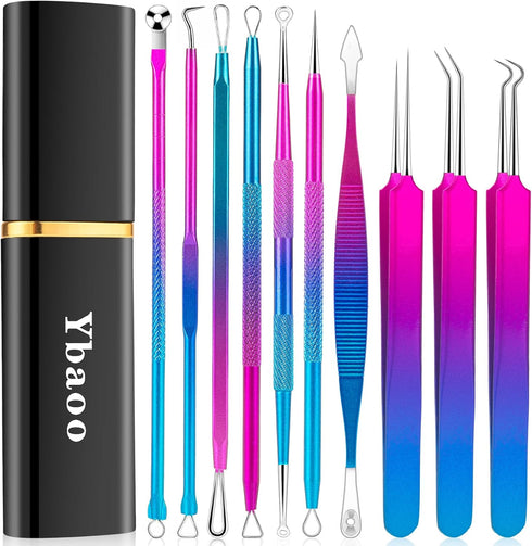 Ybaoo Pimple Popper Tool Kit - 10 Pcs Blackhead Remover Comedone Extractor with Metal Case for Quick Removal