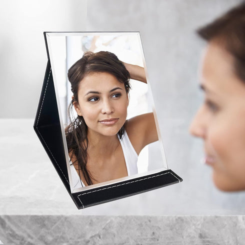 X-Large Portable Folding Makeup Mirror with Adjustable Stand, PU Leather Vanity Table for Personal Beauty