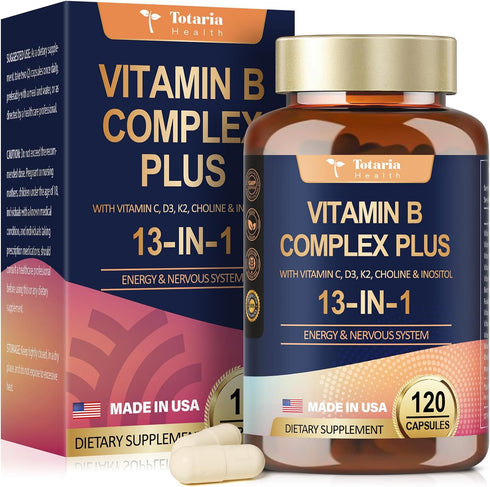 13-in-1 Vitamin B Complex Plus with B1, B2, B3, B4, B5, B6, B7, B8, B9, B12, C, D3, K2 - Energy, Nerve, Immune, Skin