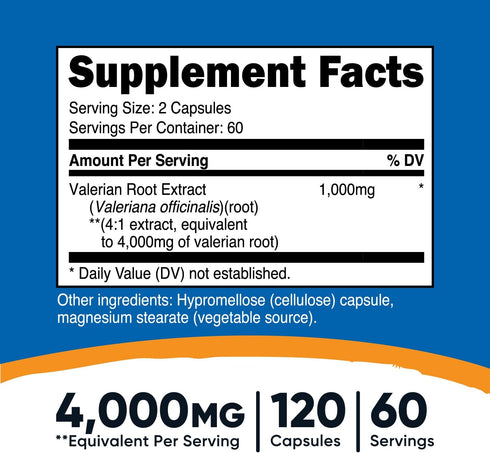 Nutricost Valerian Root Capsules (1000mg Per Serving) 120 Capsules - 4,000mg Equivalent Per Serving (4:1 Extract), Vegetarian Caps, Gluten Free, Non-GMO