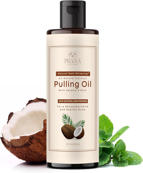 Prana Coconut Pulling Oil Mouthwash, 237ml/8 fl.oz, with Tongue Scraper, Ayurvedic Oil Pulling