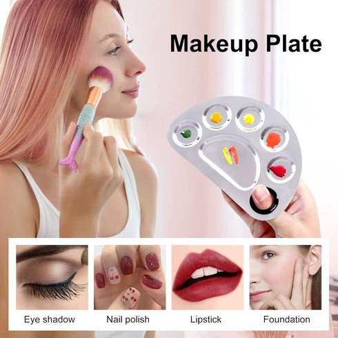 Makeup Mixing Palette, Stainless Steel Metal Foundation Palette with Spatula, 6×4"/Silver, 2pcs for Nail-Art