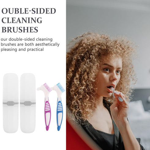 Healeved 2 Sets Denture with Toothbrush Cases, Small Double-Side Assorted Color Denture Cleaning