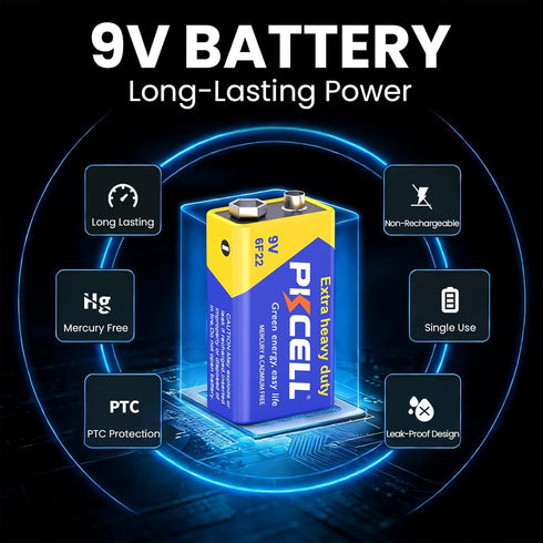 PKCELL 9V 24 Pack 9 9V 6F22 Batteries, Volt Batteries Carbon Zinc, Battery for Smoke Detector, Alarms, Square Battery