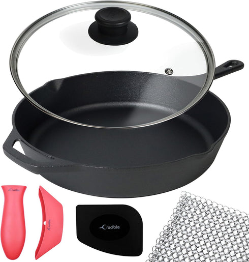 12-Inch Cast Iron Skillet Set (Pre-Seasoned) with Large & Assist Silicone Hot Handle Holders, Glass Lid, Scraper &