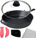 12-Inch Cast Iron Skillet Set (Pre-Seasoned) with Large & Assist Silicone Hot Handle Holders, Glass Lid, Scraper &