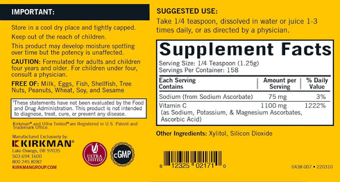 Kirkman Buffered Vitamin C Powder - 7 oz - Potent Antioxidant for Immune Health - Hypoallergenic