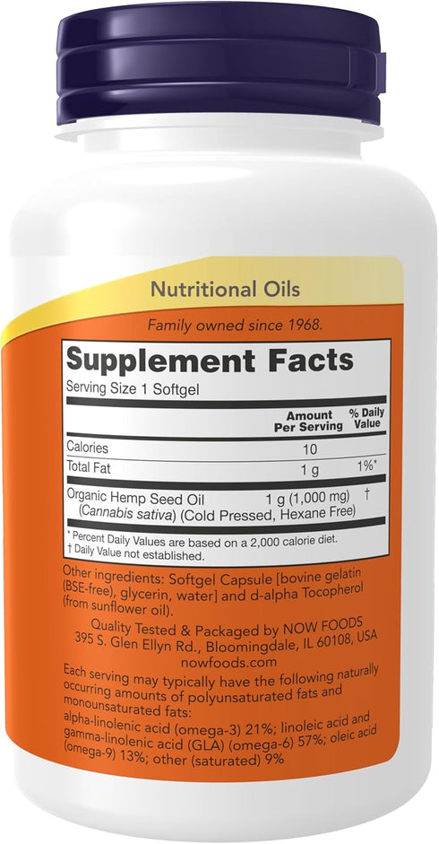 NOW Supplements, Hemp Seed Oil 1,000 mg, Essential Fatty Acids, Nutritional Oil, 120 Softgels