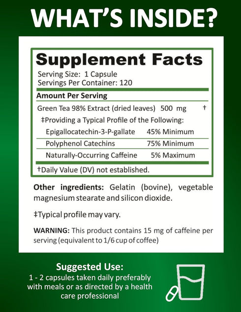 Green Tea Extract with EGCG - Natural Energy, Mental Focus, Immune Support, Antioxidant, 120 Capsules