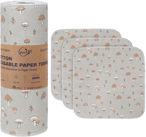 Poyday Paper Towels Washable Roll: 25Pack Cotton Cloth Paper Towels 11.8x11.8In Absorbent Soft