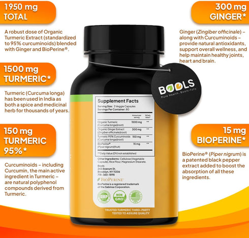 Turmeric Curcumin Supplement - 240 Capsules, Non-GMO with BioPerine & Ginger for Joint Support